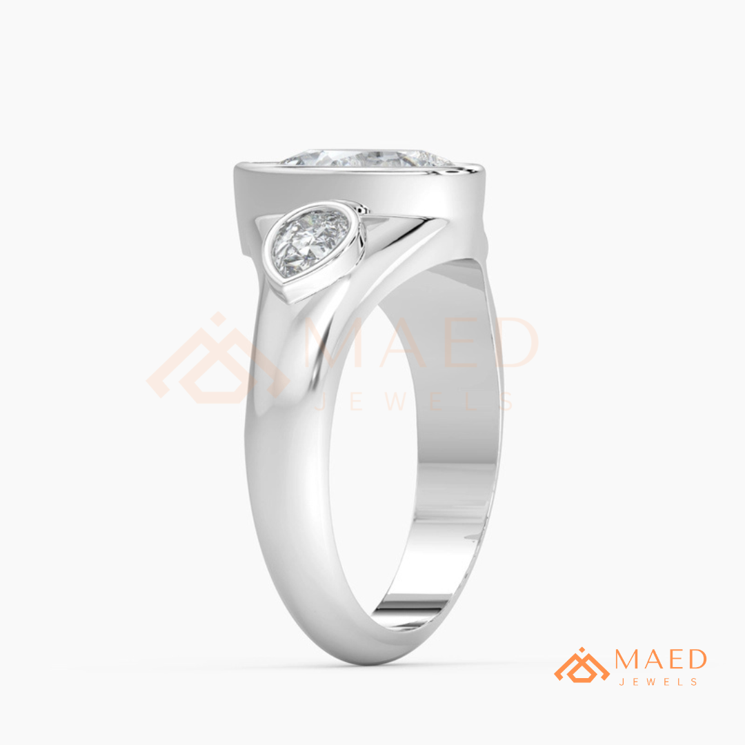 Modern Three-Stone Pear Shaped Bezel Engagement Ring in Silver, 14K Gold & Rose Gold