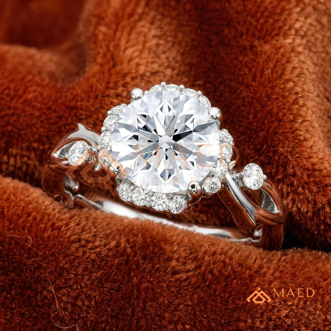 Round Cut Floral Halo Engagement Ring with Twisted Infinty Band in 14K Gold, Rose Gold & Silver