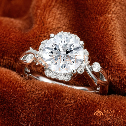 Round Cut Floral Halo Engagement Ring with Twisted Infinty Band in 14K Gold, Rose Gold & Silver