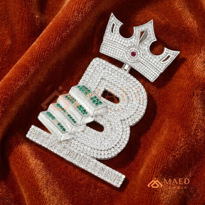Custom Crown Initial "B" Money Stack Pendant in Sterling Silver & 14K Gold