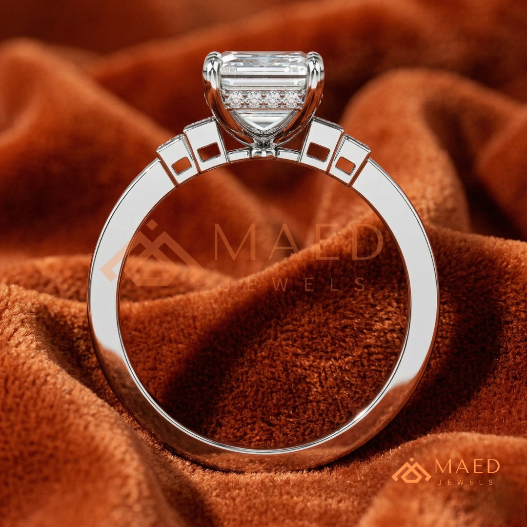 Emerald Cut Three-Stone Ring with Baguette and Channel Princess Band in Silver, 14K Gold, & 14K Rose Gold