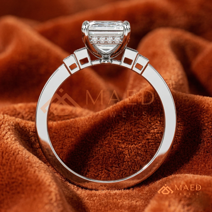 Emerald Cut Three-Stone Ring with Baguette and Channel Princess Band in Silver, 14K Gold, & 14K Rose Gold