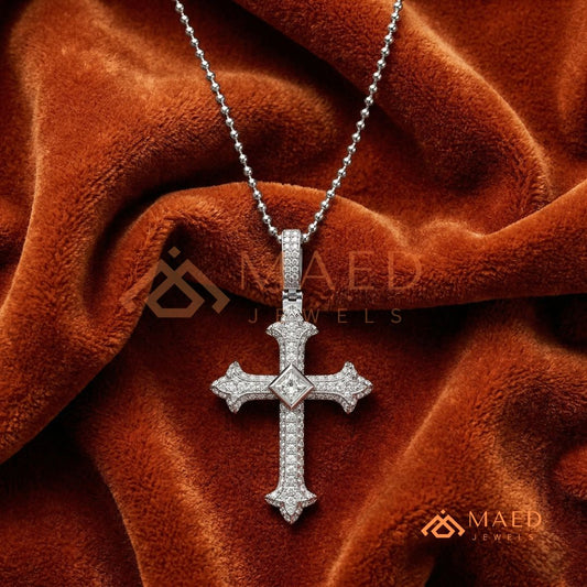 The Monarch Princess-Cut Cross | Royal Fleur-De-Lis Pave Crucifix Pendant