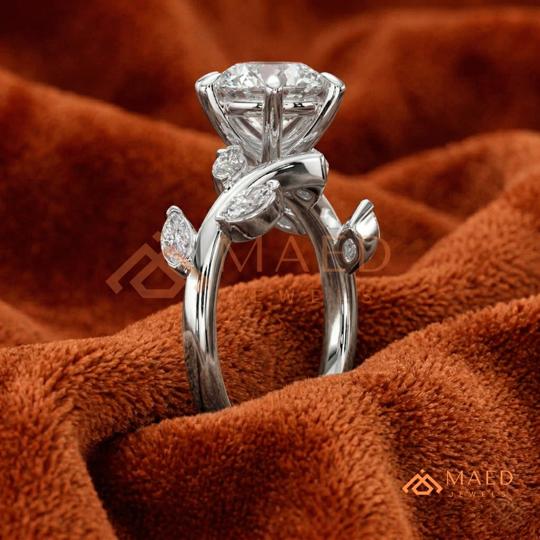 Nature Inspired Round Moissanite Engagement Ring, 6-Prong Marquise Leaf Twig Wedding Ring in Silver, 14K Gold & Rose Gold