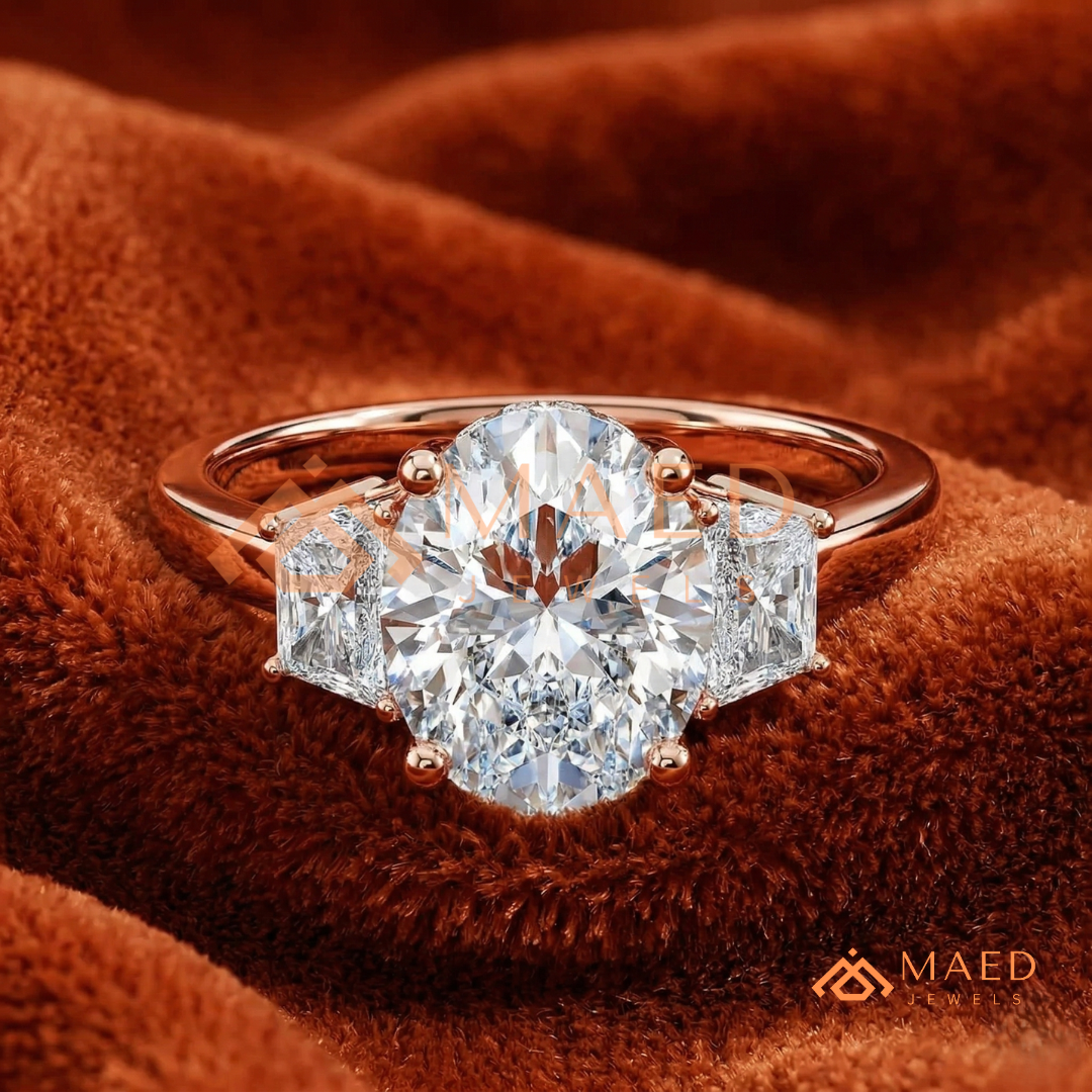 Classic Oval Cut 3-Stone Engagement Ring with Trapezoid Side Gems