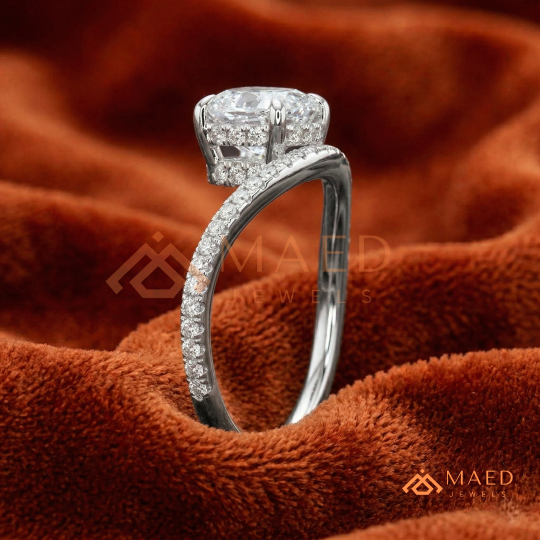 Cushion Cut Moissanite Chevron Engagement Ring, Curved Pavé Diamond Wishbone Wedding Ring in Silver, 14K Gold & Rose Gold