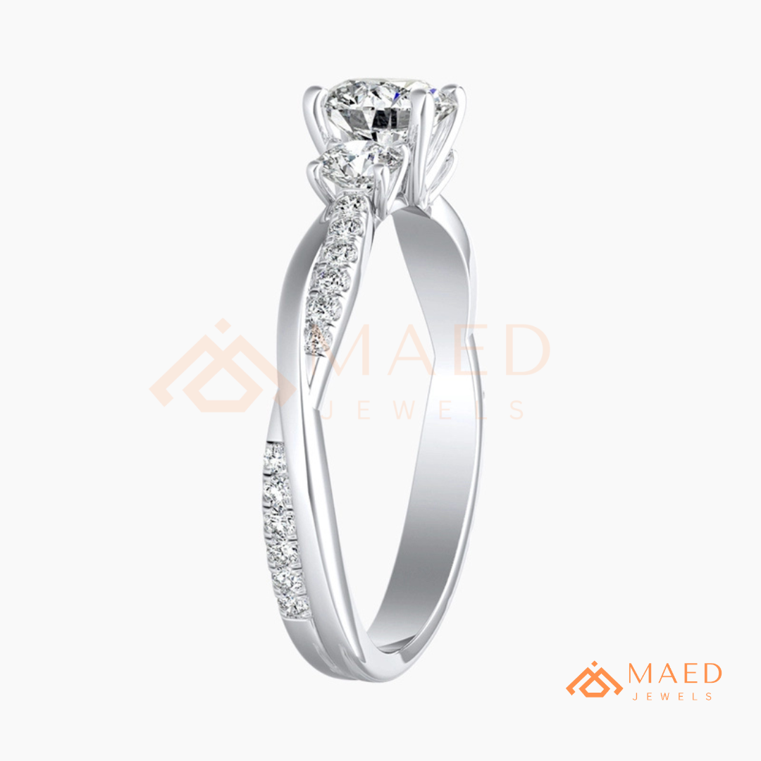 Classic 3-Stone Twisted Pavé Diamond Simulant Ring in Gold, Rose Gold & Silver