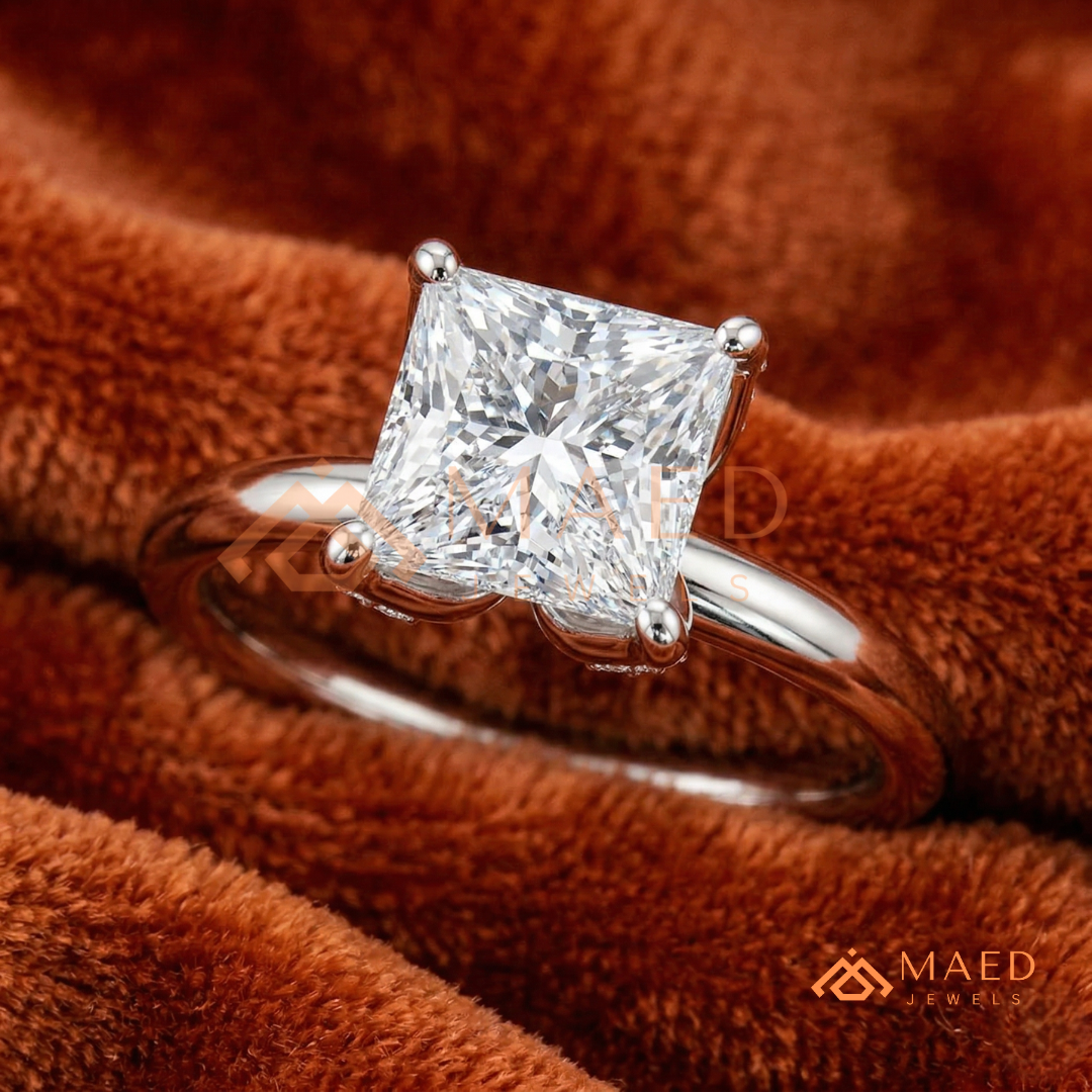 Princess Cut Hidden Halo Engagement Ring in 14K Gold & Sterling Silver