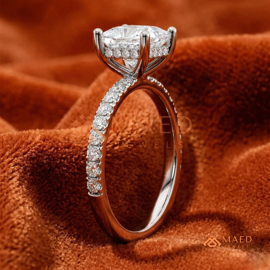 Classic Princess Cut Solitaire Engagement Ring with Hidden Halo and Pave Band in Silver, 14K Gold & Rose Gold