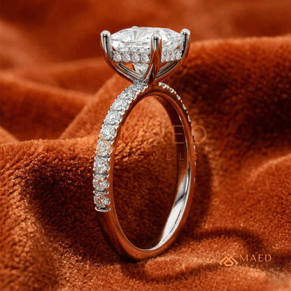 Classic Princess Cut Solitaire Engagement Ring with Hidden Halo and Pave Band in Silver, 14K Gold & Rose Gold