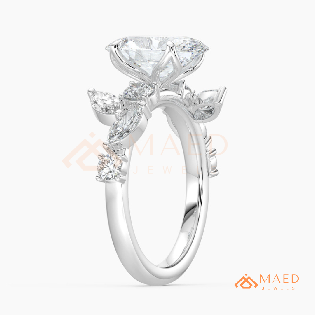 Asymmetric Oval Cut Cluster Engagement Ring | Marquise Leaf Vine Band