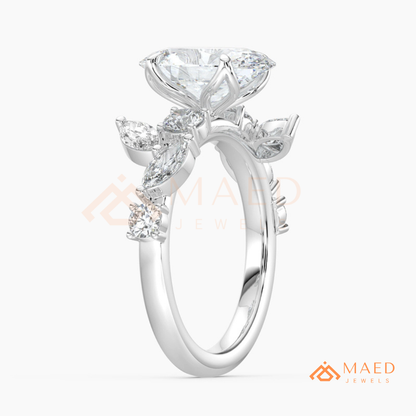 Asymmetric Oval Cut Cluster Engagement Ring | Marquise Leaf Vine Band
