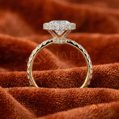 Oval Cut Halo Engagement Ring with Pavé Band in Silver, 14K Gold, & 14K Rose Gold