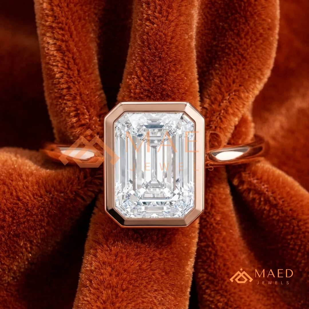 Modern Emerald Cut Solitaire Bezel Engagement Ring in Silver, 14K Gold & Rose Gold