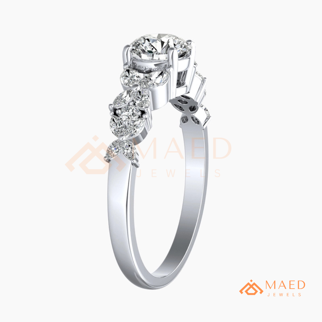 Botanical Marquise Cluster Engagement Ring with Round Center Stone