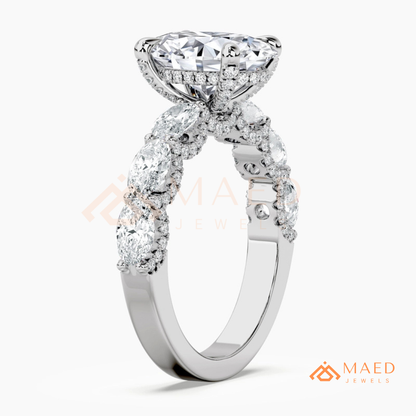 Oval Cut Engagement Ring with Large Round Accent Band | 14K Gold & Silver Shared Prong
