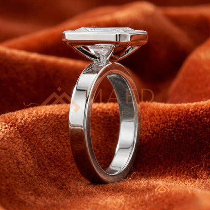 Radiant Cut Bezel Set Engagement Ring with Wide Flat Band in 14K Gold, Rose Gold & Silver