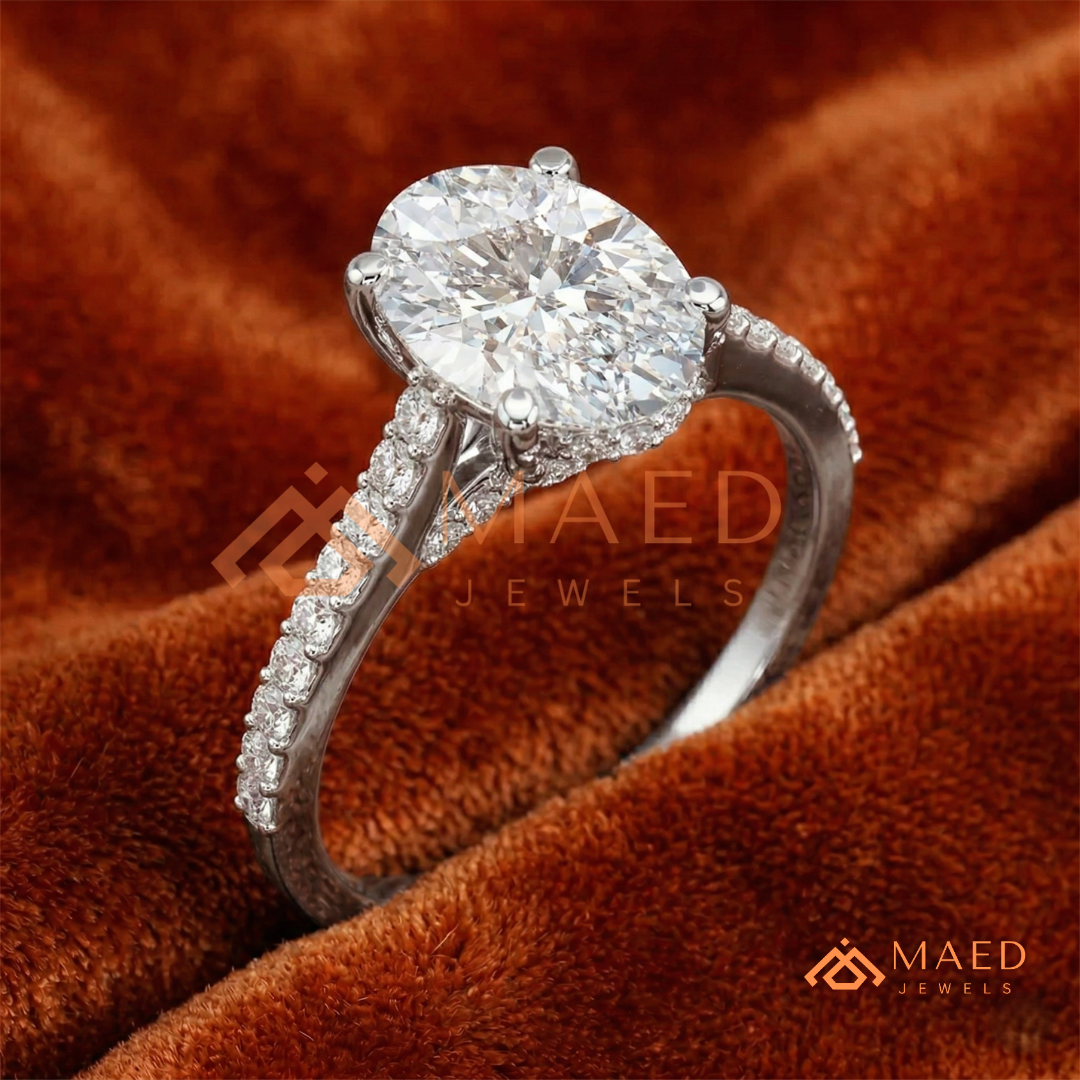 Oval Cut Engagement Ring with Pavé Diamond Band in 14K Gold, Rose Gold & Silver