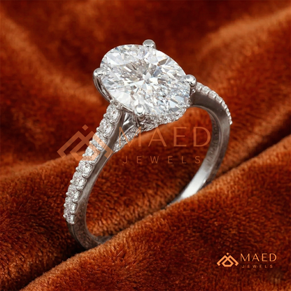 Oval Cut Engagement Ring with Pavé Diamond Band in 14K Gold, Rose Gold & Silver