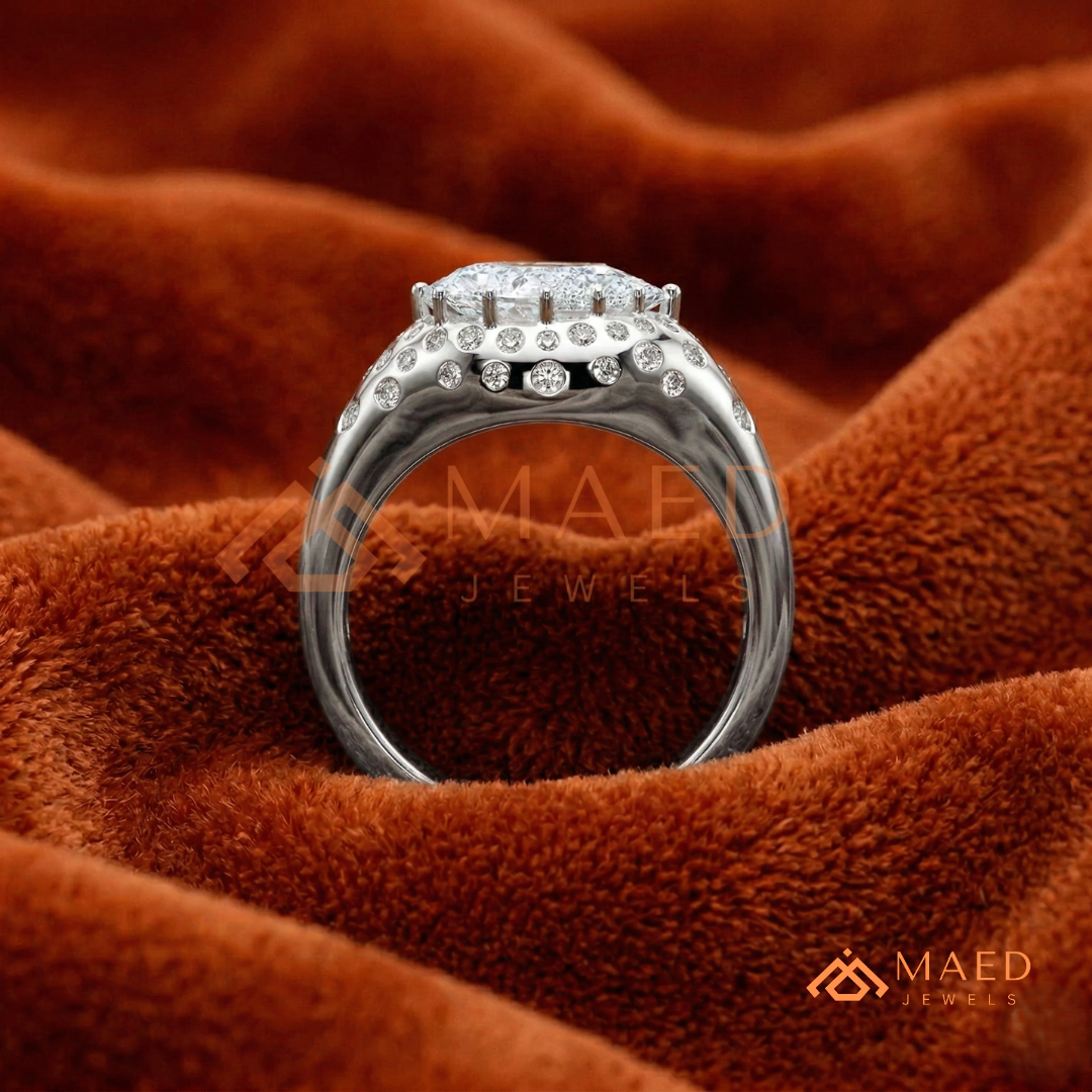 East-West Pear Cut Engagement Ring | Flush Setting Pave Dome Band in 14K Gold, Rose Gold & Silver