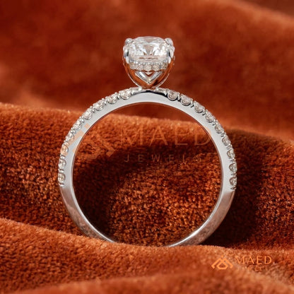 Oval Cut Solitaire Band with Pavé Shank – Silver, 14K Yellow & Rose Gold)