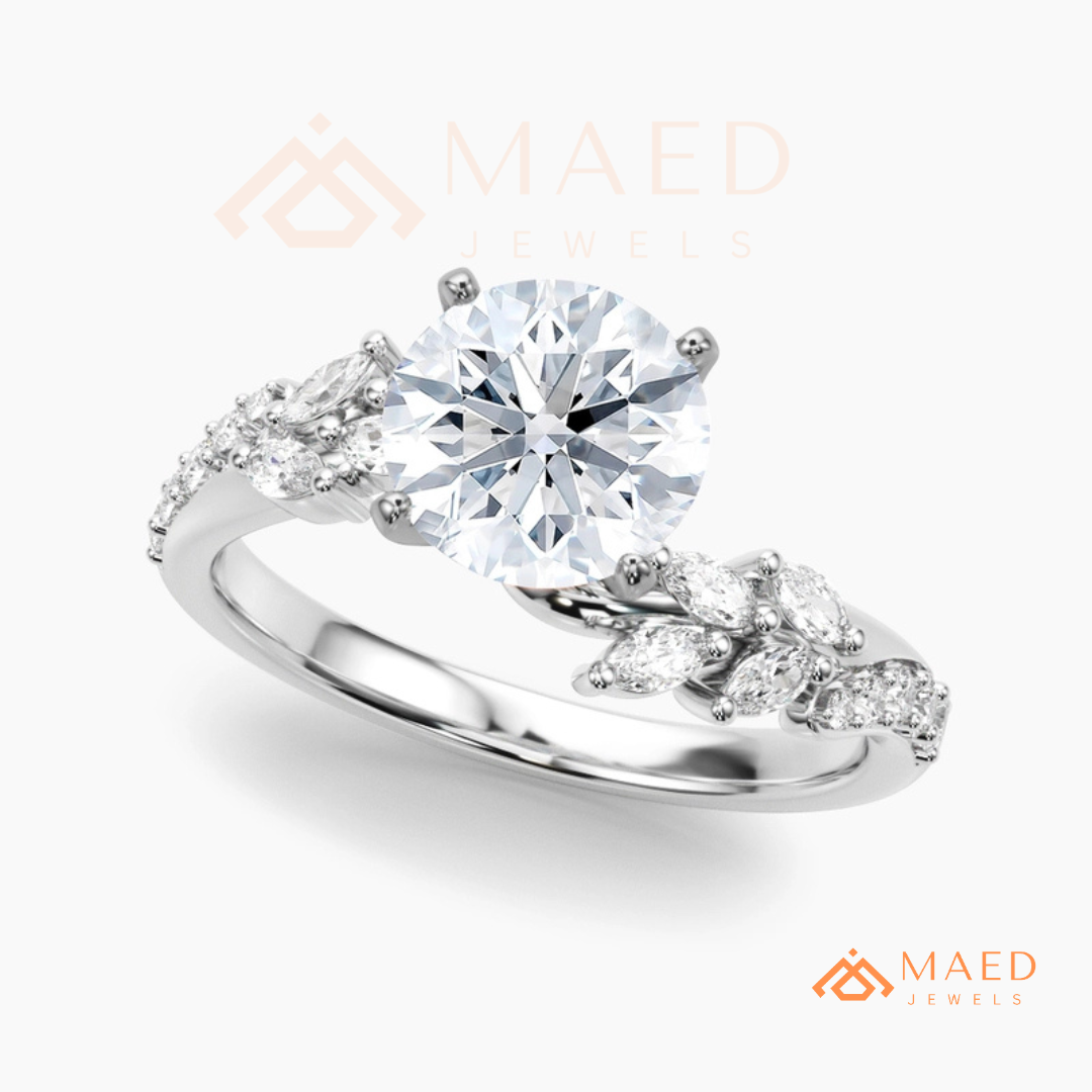 Round Cut Moissanite Nature Inspired Engagement Ring in 925 Sterling Silver, 14K Gold & 14K Rose Gold | Marquise Leaf Cluster Twisting Wedding Ring