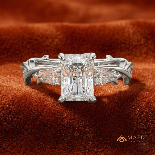 Nature-Inspired Radiant Cut Three-Stone Engagement Ring in Silver, 14k Gold, Rose Gold & Rose Gold