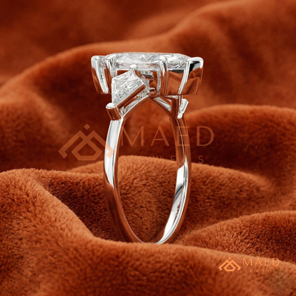 Marquise Cut Three Stone Ring with Kite Side Diamonds | 14k Gold, Rose Gold & Silver