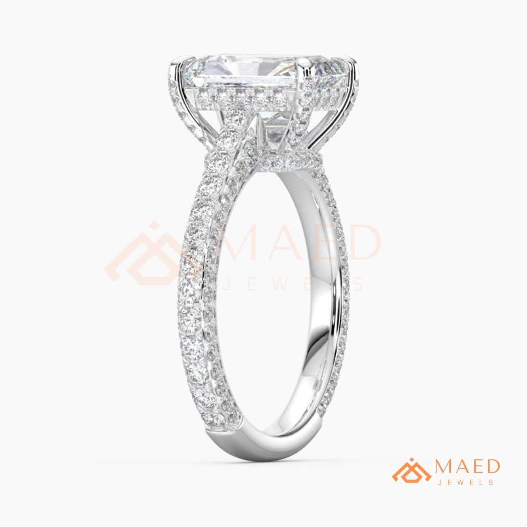 Radiant Cut Engagement Ring with Three-Row Pavé Band | 14k Gold, Rose Gold & Silver