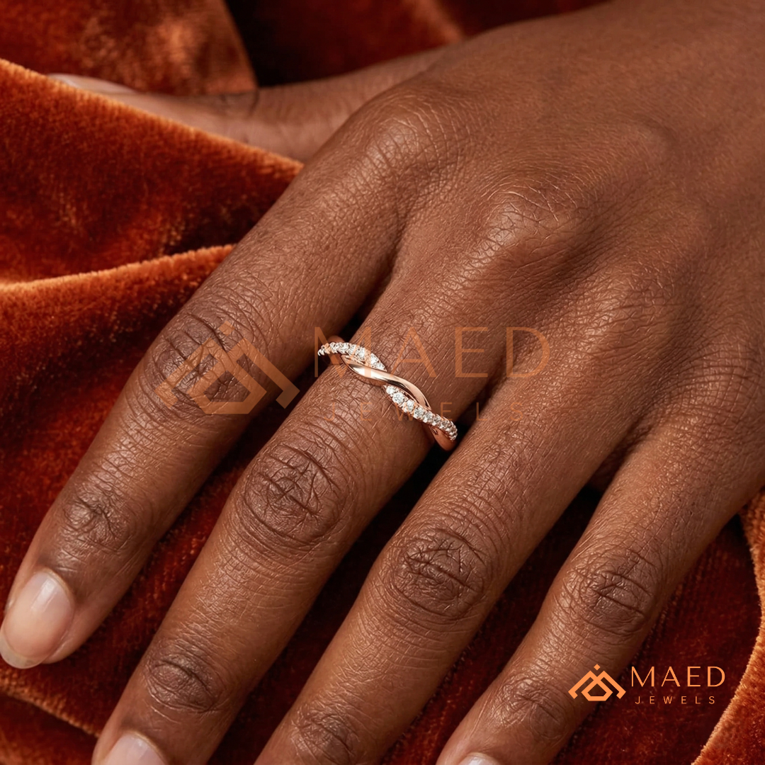Half-Pavé Twisted Vine Diamond Wedding Band | Interlocking Infinity Wave Ring in Silver, 14K Gold, & Rose Gold