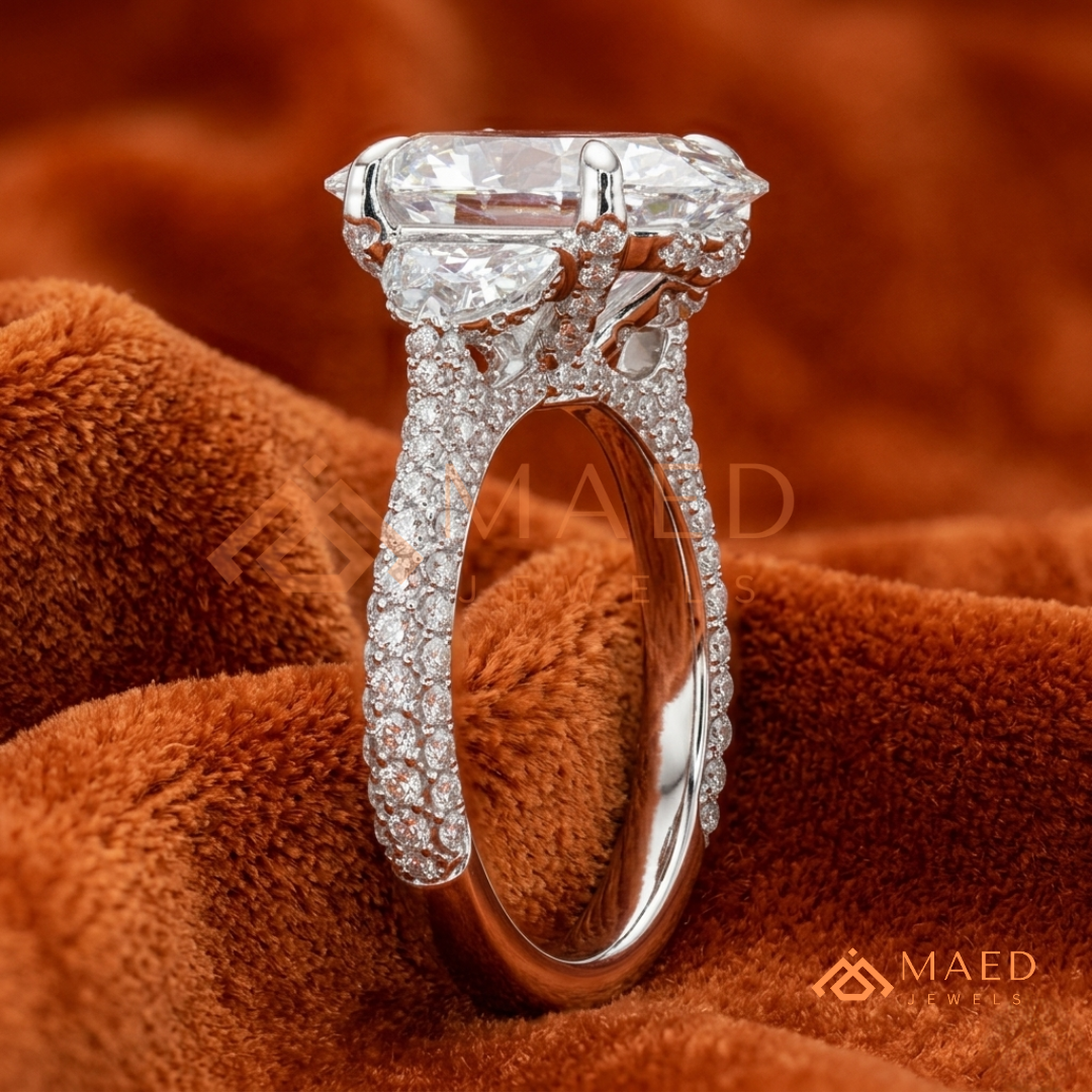 Oval Cut Engagement Ring with Half Moon Side Stones and Pavé Band in Silver, 14K Gold, & 14K Rose Gold