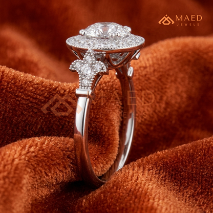 Vintage-Inspired Round Halo Engagement Ring with Milgrain Detail in 14K Gold, Rose Gold or Silver