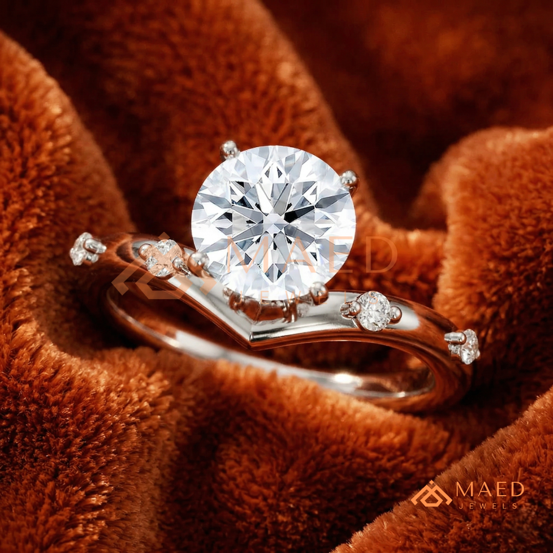 Round Cut Chevron Engagement Ring in Sterling Silver, 14K Gold & 14K Rose Gold