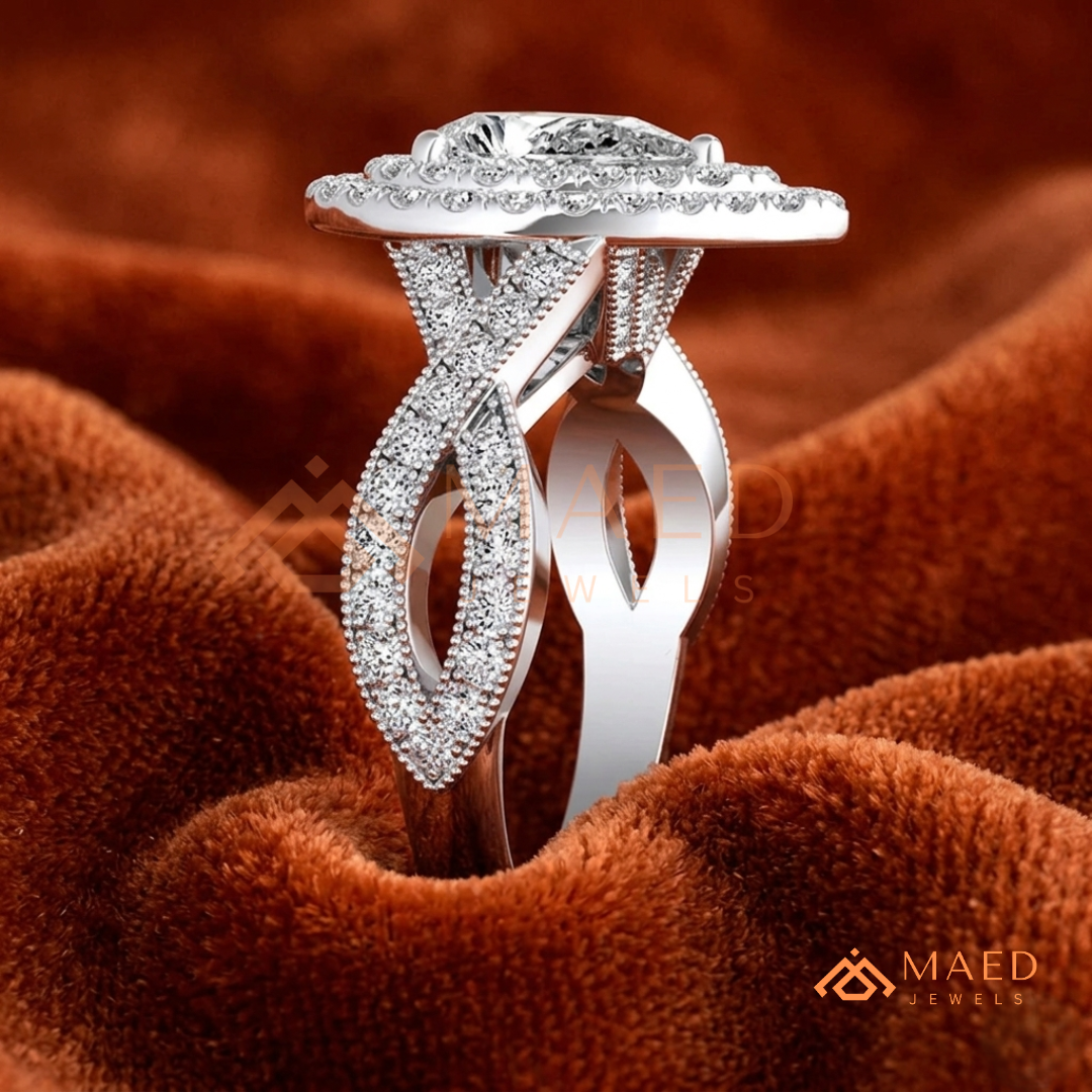 Double Halo Pear Cut Engagement Ring with Twisted Pave Band