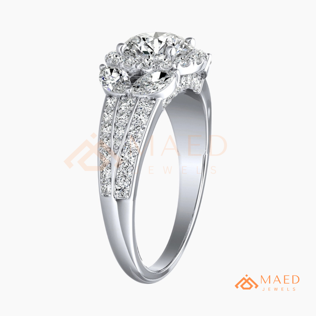 Radiant Halo Engagement Ring with Marquise Side Stones & Pavé Band