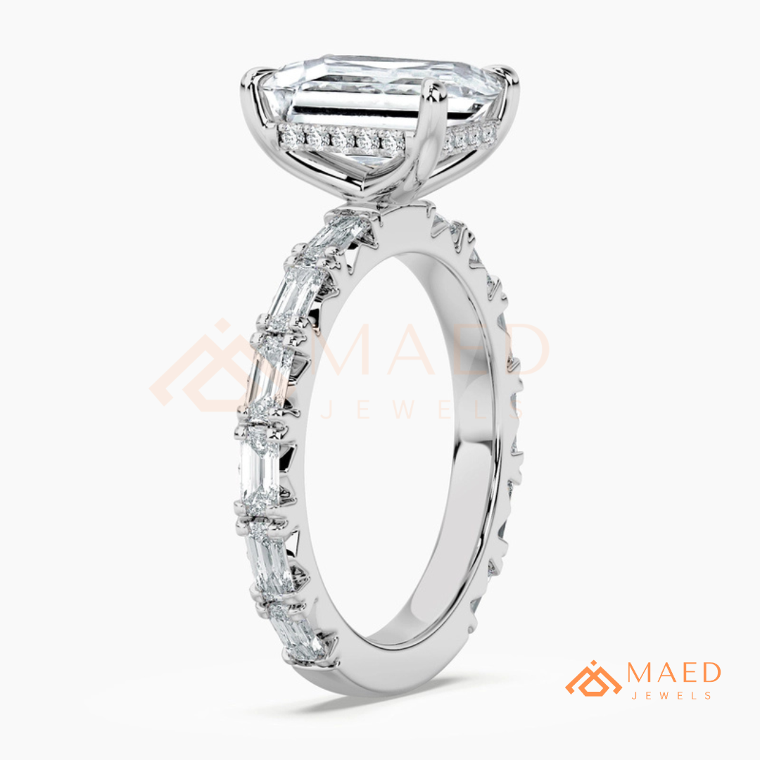 Classic Emerald Cut Solitaire Ring with Emerald Band Eternity Shank