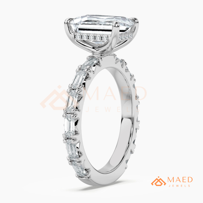 Classic Emerald Cut Solitaire Ring with Emerald Band Eternity Shank