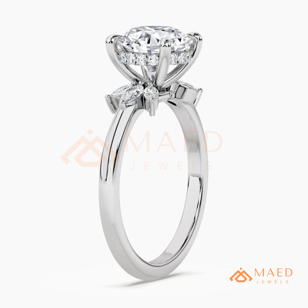 Round Brilliant Cut Ring with Marquise Floral Cluster | 14k Gold, Rose Gold & Silver