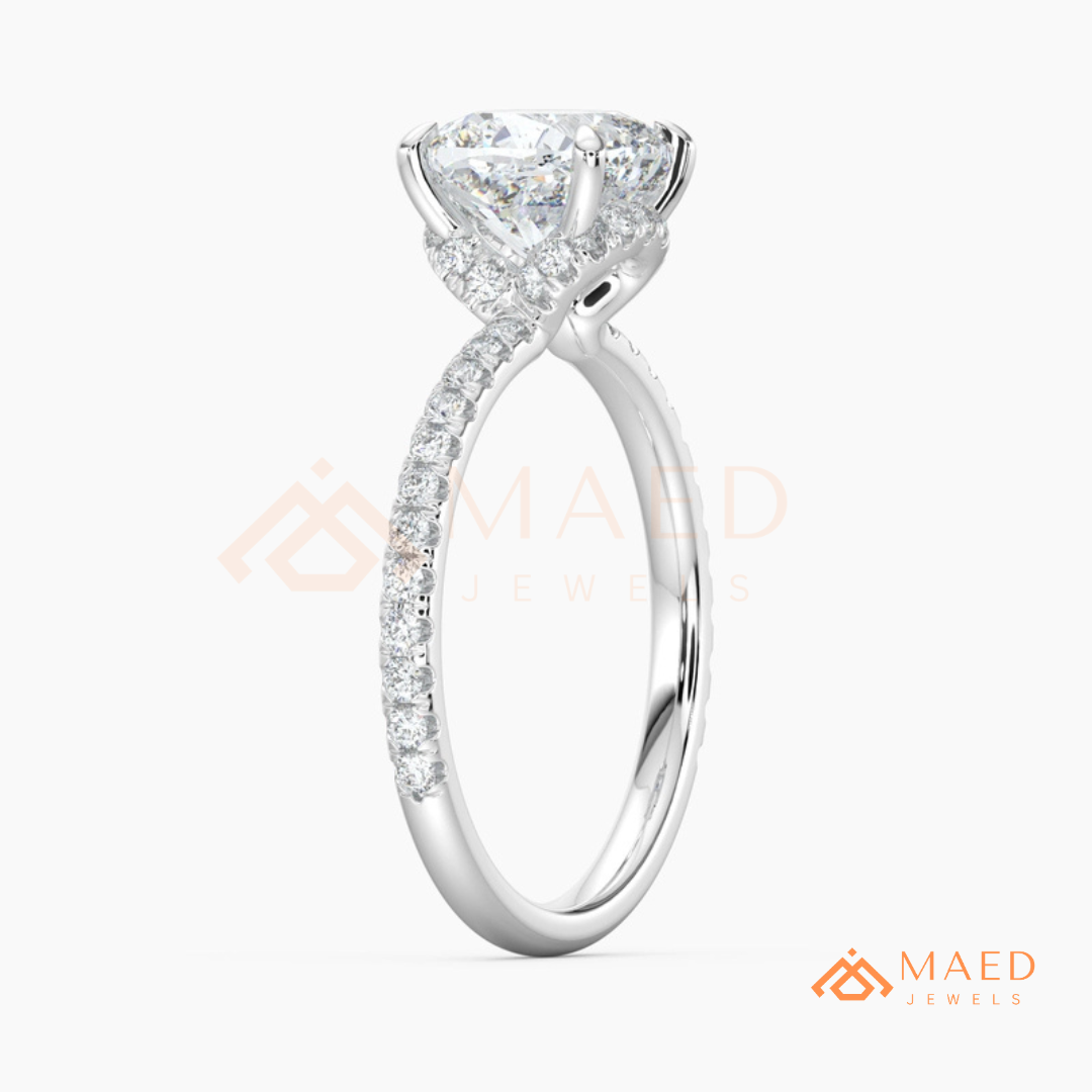 Brilliant Cushion Cut Engagement Ring | Pavé Diamond Band in 14K Gold, Rose Gold & Sterling Silver