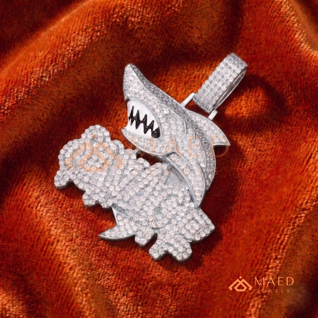 Iced-Out "SAVAGE" Shark Pendant – Micro-Pave Diamond Finish