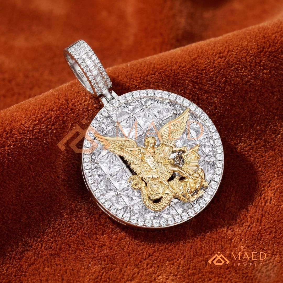 Saint Michael Medallion Pendant – Trillion Cut & Baguette Hip Hop Necklace