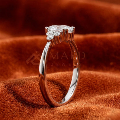 Oval Cut Engagement Ring with Round Cluster Side Stones | 14k Gold, Rose Gold & Silver