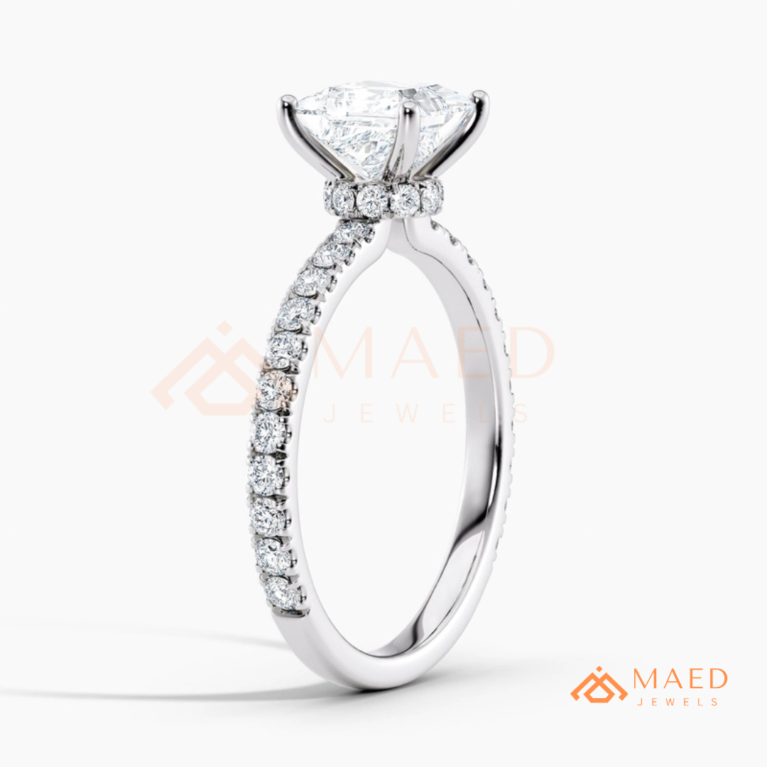 Princess Cut Engagement Ring with Pavé Band in Silver, 14K Gold, & 14K Rose Gold