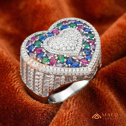 Luxury Multi-Color Iced Heart Statement Ring – 925 Silver, 14K Gold & Rose Gold