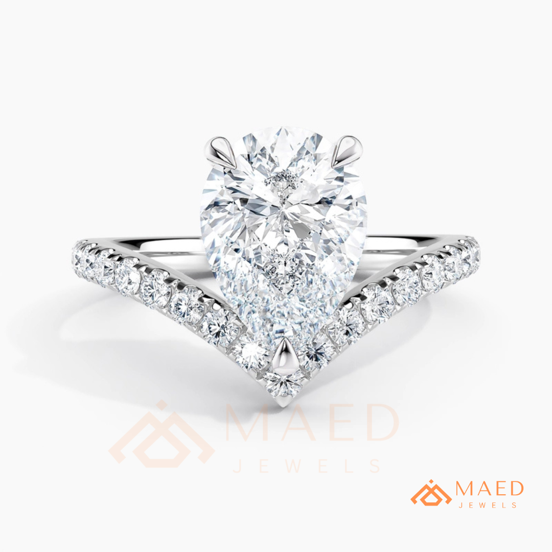 Pear Cut Chevron Engagement Ring with V-Shaped Pavé Band in Silver, 14K Gold, & 14K Rose Gold