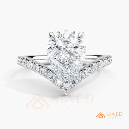 Pear Cut Chevron Engagement Ring with V-Shaped Pavé Band in Silver, 14K Gold, & 14K Rose Gold