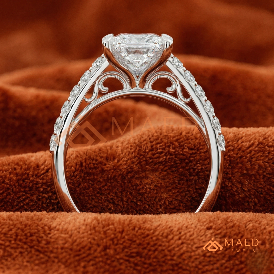 Princess Cut Engagement Ring with Pavé Band | 14k Gold, Rose Gold & Silver