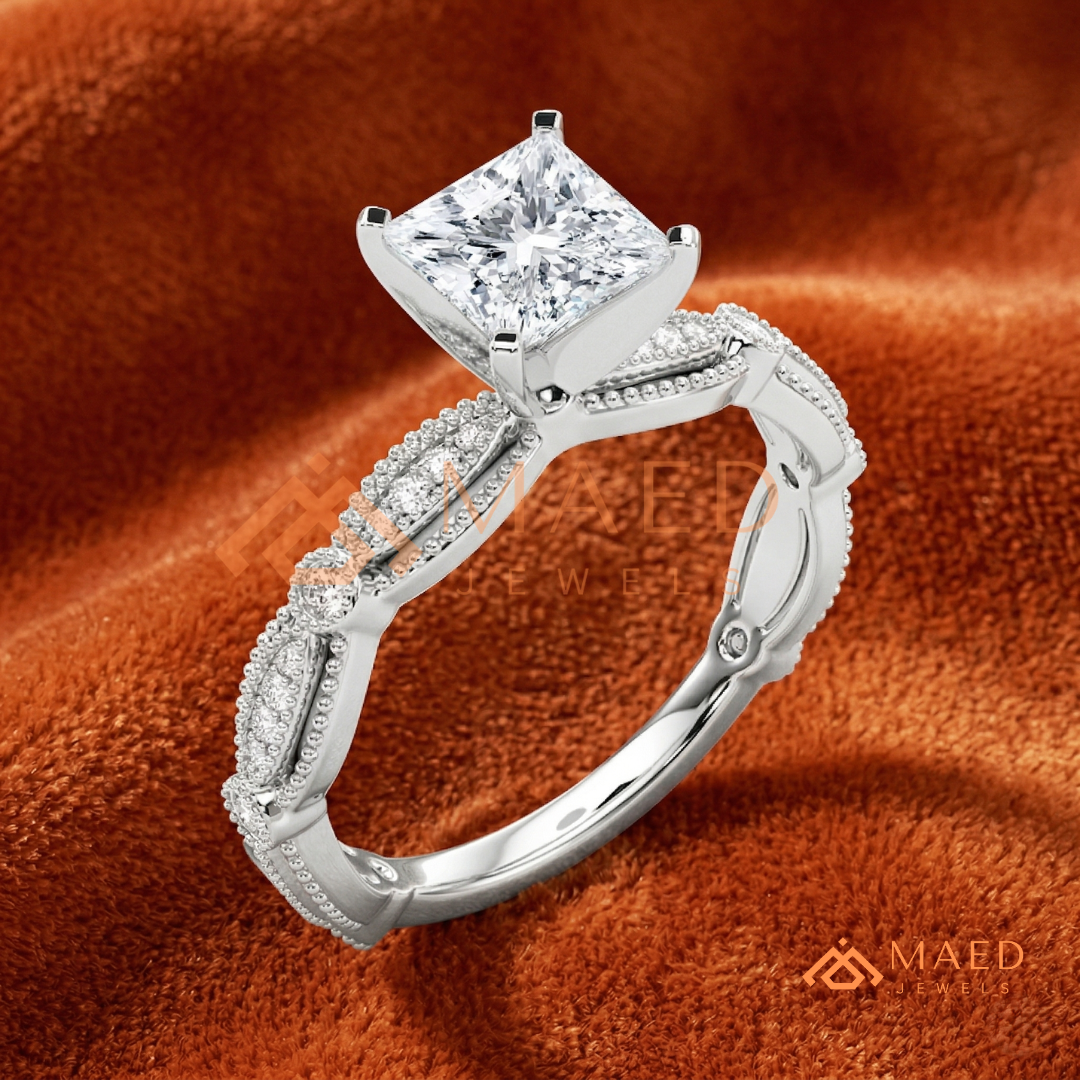 Princess Cut Vintage Engagement Ring in 14K Gold, Rose Gold & Silver | Antique Milgrain Pave Moissanite Ring for Women