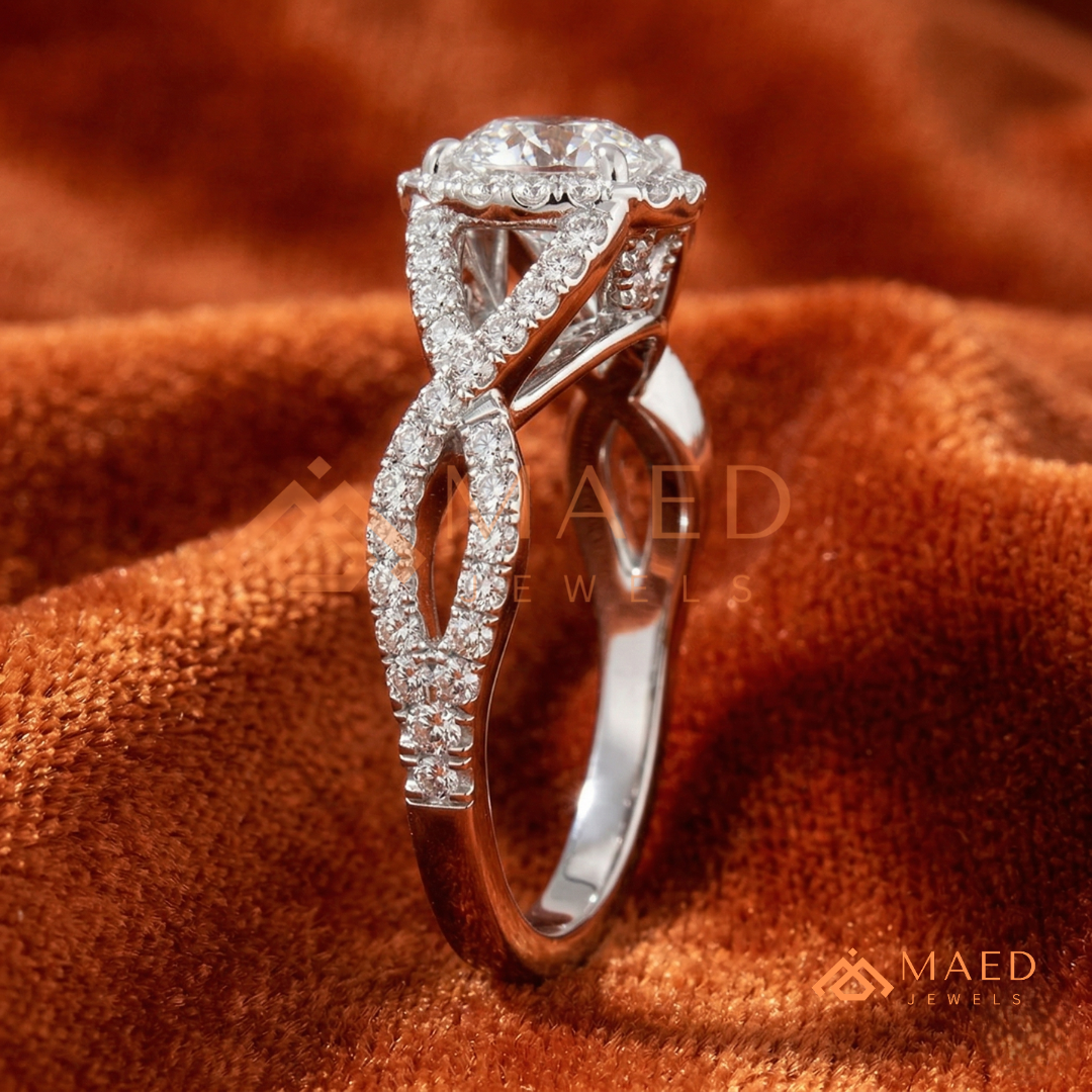 Entwined Infinity Halo Diamond Simulant Ring in 14K Yellow Gold, Rose Gold & Silver