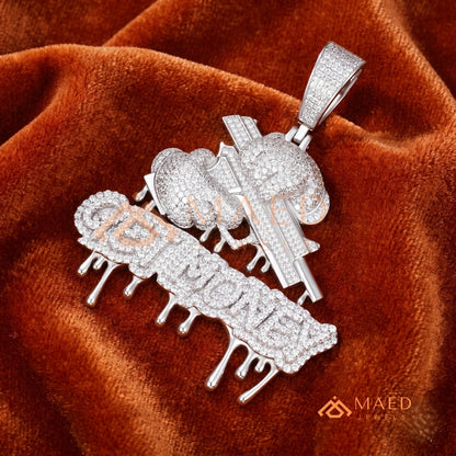 Iced Out "GET MONEY" Drip Pendant – 14K Gold, Rose Gold & Sterling Silver Hip Hop Charm